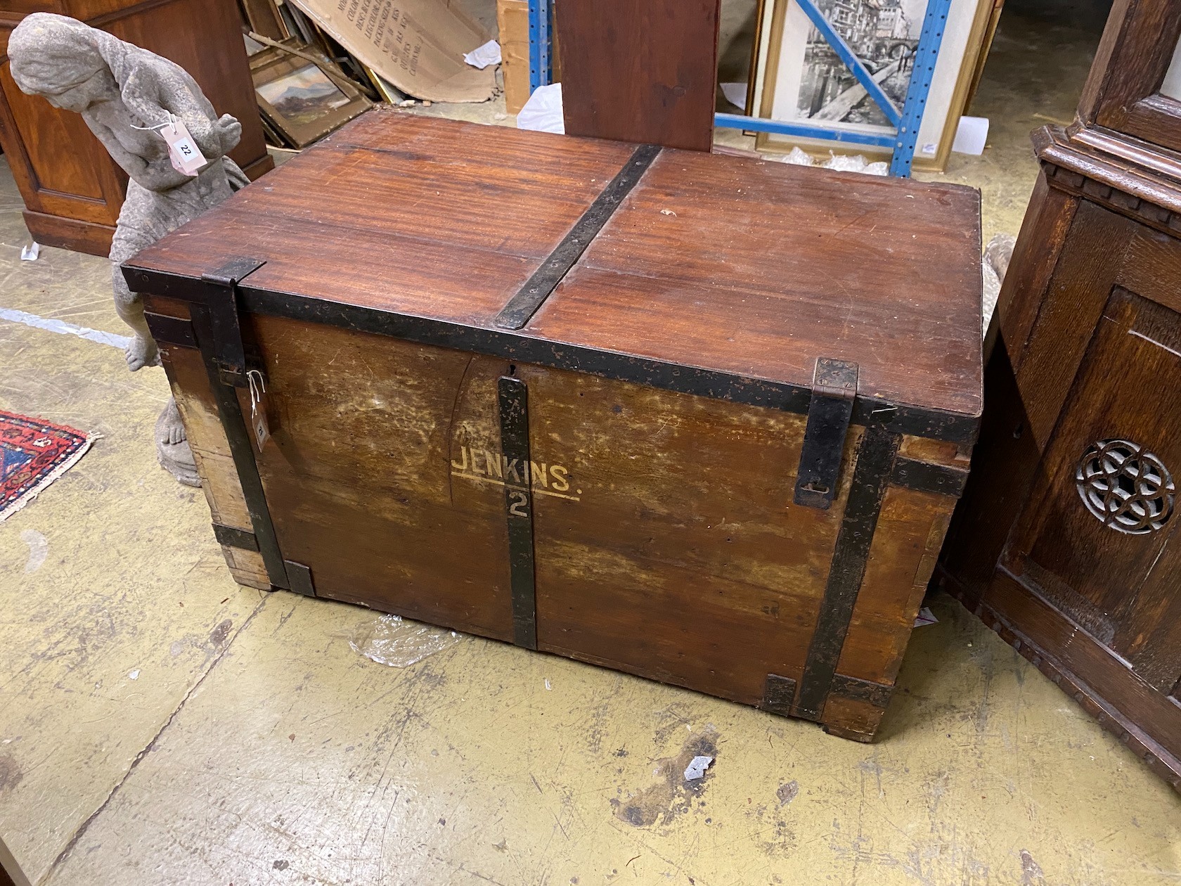 A Victorian iron bound teak trunk with zinc lined interior, width 110cm, depth 67cm, height 61cm